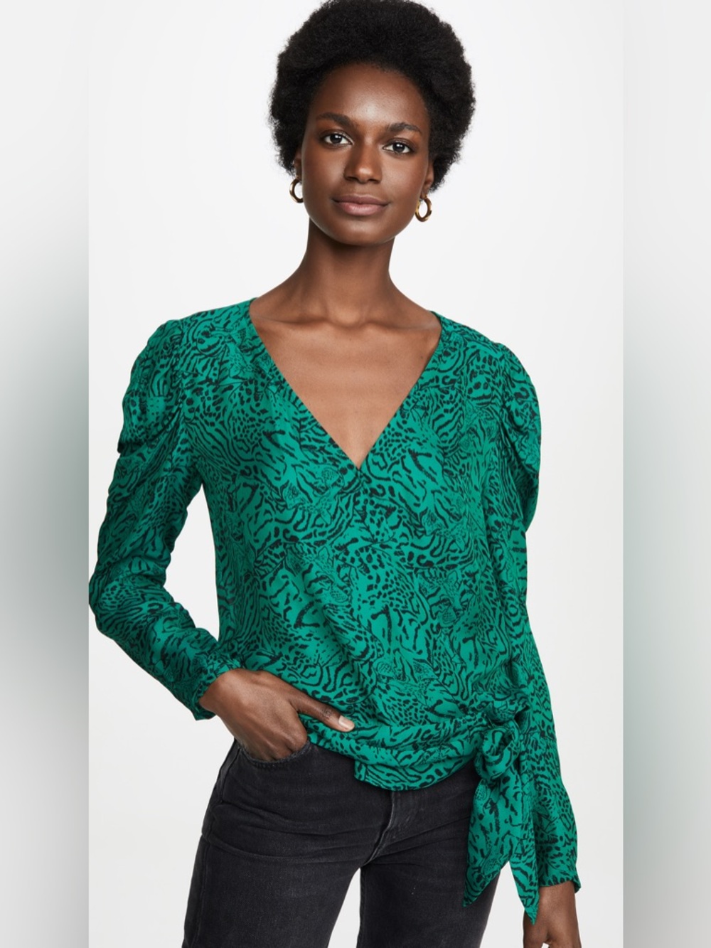 Parker Green Animal-Print Silk-Blend Balloon-Sleeve Wrap Top